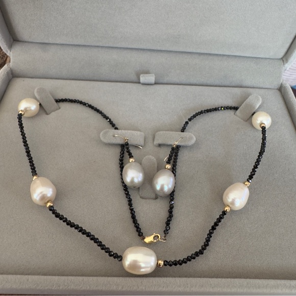 14k Italian Gold Jewelry - 14K Yellow Gold & Fresh Water Pearl Station Necklace and Earrings set